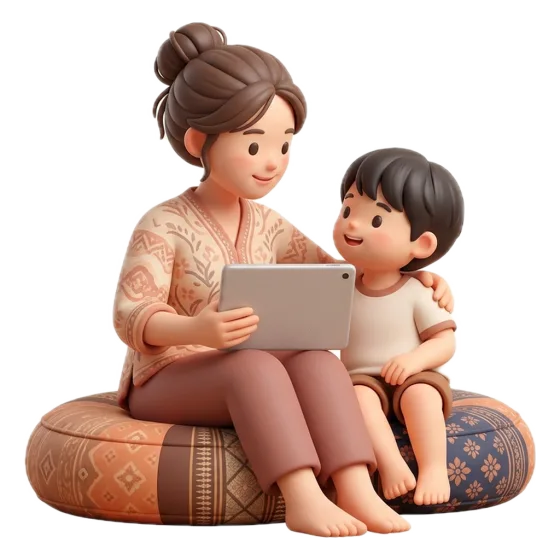 แม่กับลูกนั่งเล่นแท็บเล็ตด้วยกันบนเบาะ