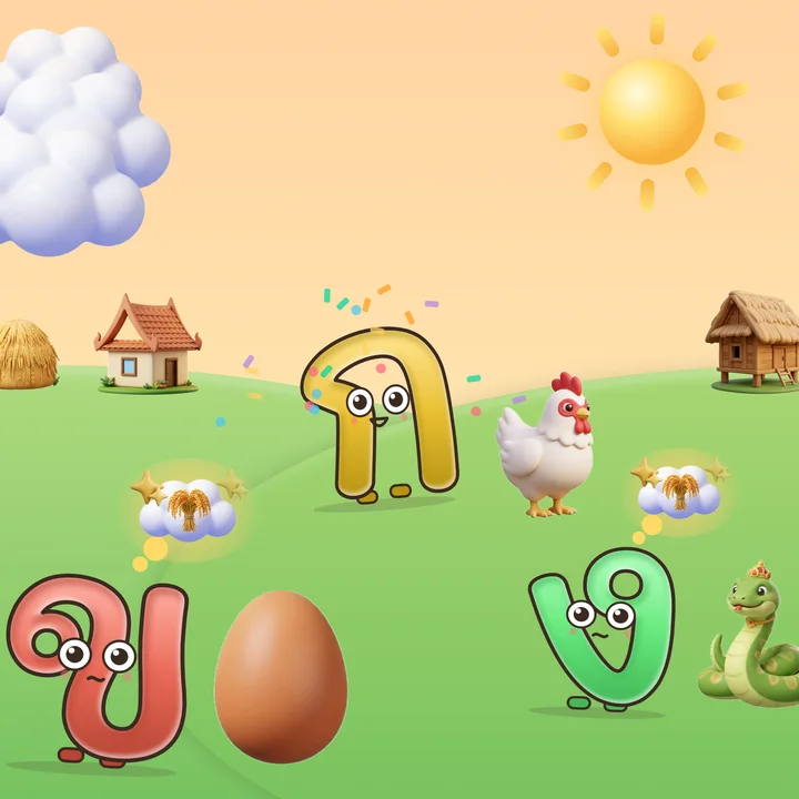 ทุ่งหญ้ายามเช้า ตัว ก เพิ่งตื่นมีพลุกระดาษและรูปไก่ ตัว ข กับ ง มีเมฆรูปต้นข้าวลอยอยู่ ข้างๆ มีรูปไข่และงู